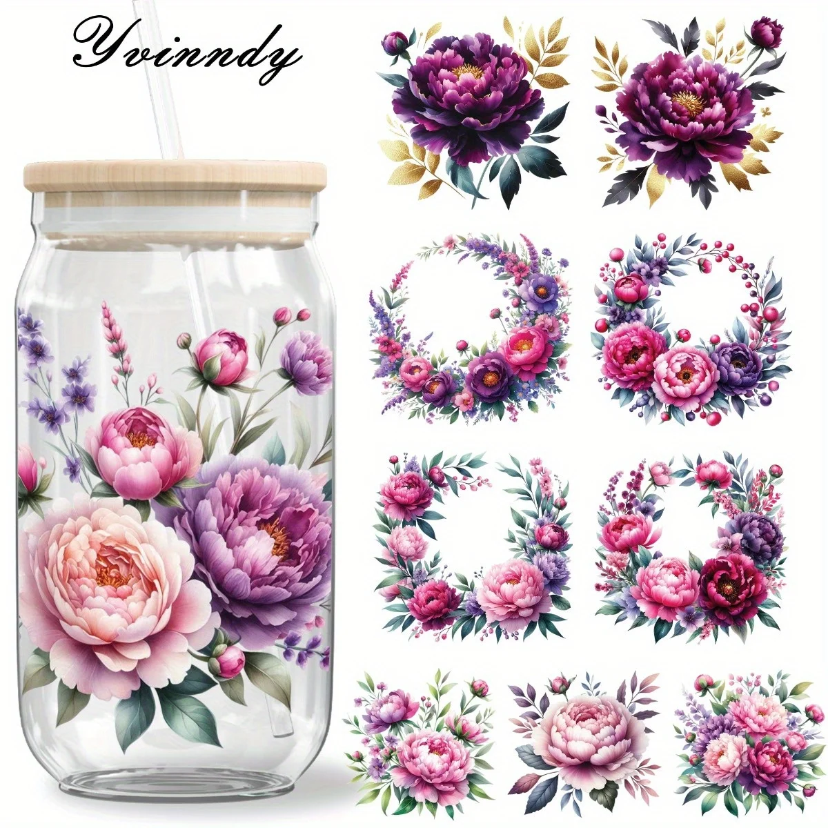 5 Teile/satz Aquarell Flowers16OZ Glas Transfer Papier UV DTF Hohe Selbstklebende Transfer Papier Für Dekorieren Tassen