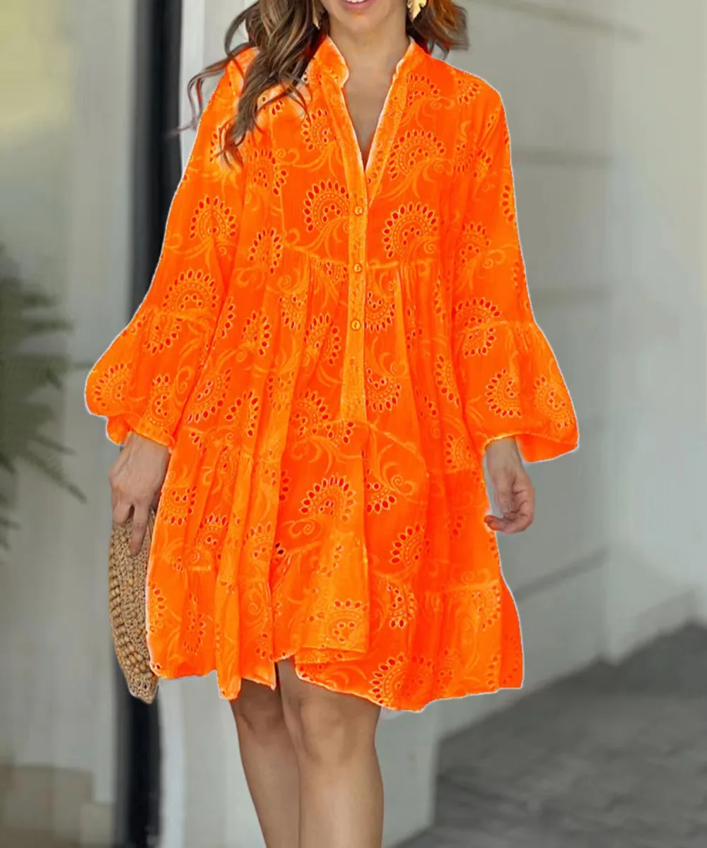 패션 속이 비치는 레이스 드레스 여성 단색 여름 캐주얼 루즈 플레어 슬리브 미니 드레스 2025