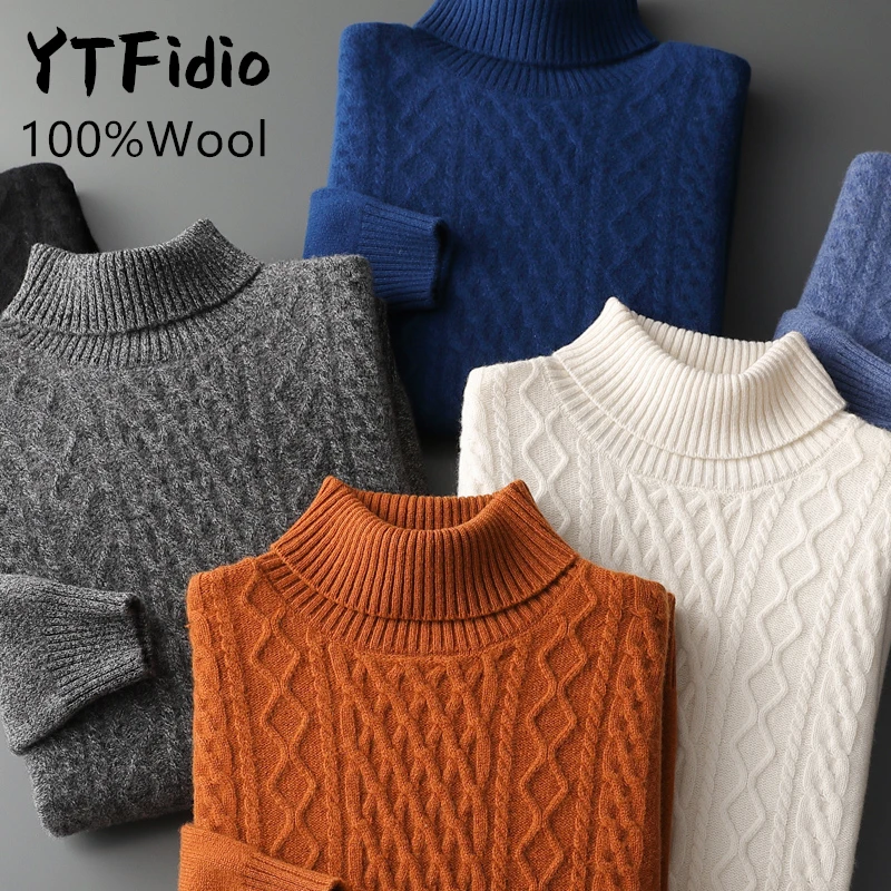 YTFidio 100%Wool Man Sweater Turtleneck  Casual Jumpers Warm Solid Jacquard Weave Thickening Knitwear Pullover Tops 135