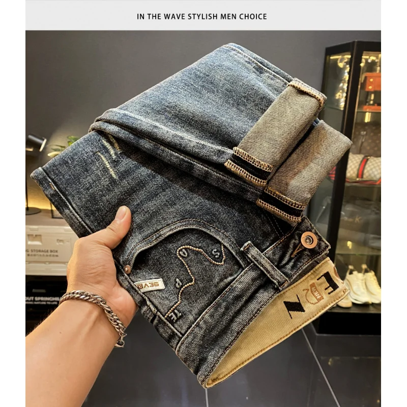 

handsome streetwear American High-End Ripped Patch Fashion Jeans Men's Autumn New Pu Shuai Tapered Casual Pa