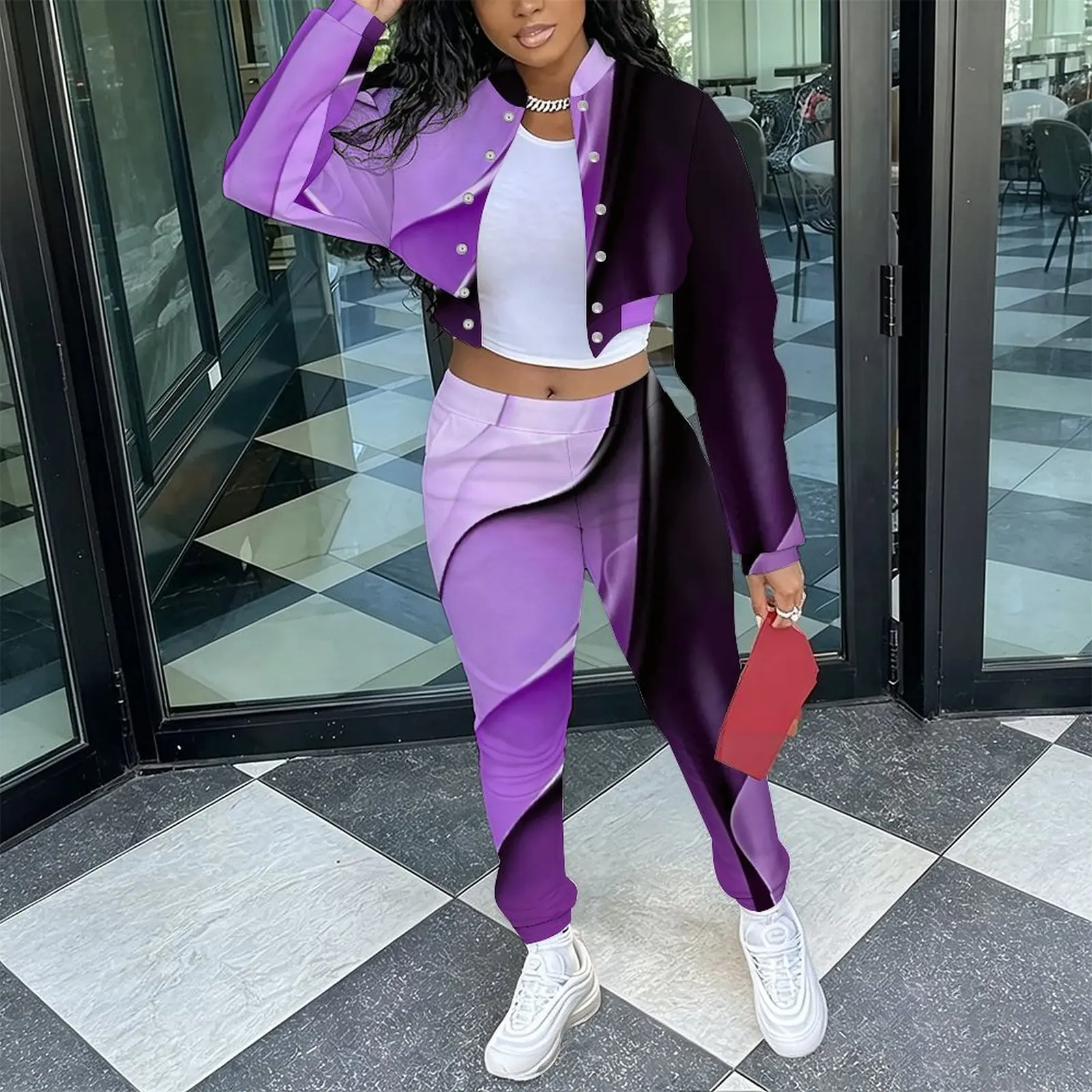Women's Retro Fashion 2 Piece  Elegant Stand Collar Long Sleeve Jacket Casual Everyday Commuting Sport Pants