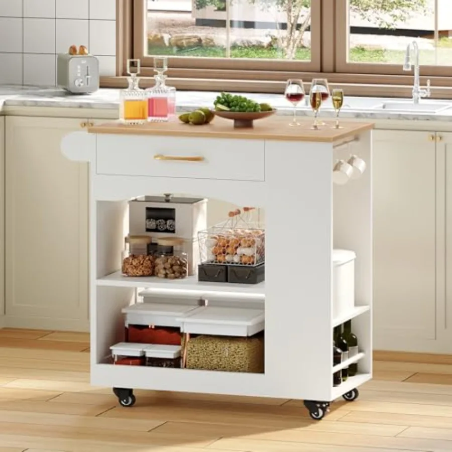 

Mobile kitchen island table with drawer and open shelves, white and natural finish, rolling storage cart on wheels with 6 S-sha