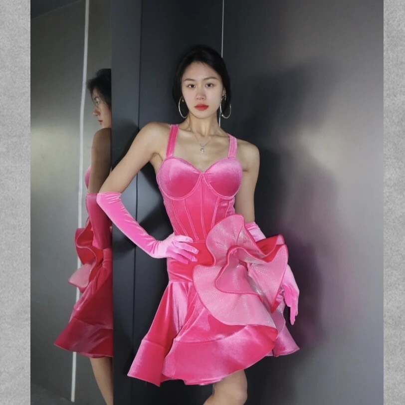 Velvet Latin Dance Competition Dress Women Luxury Fishbone Dress Prom Club Cha Cha Rumba Samba Dance Performance Costume NV24503