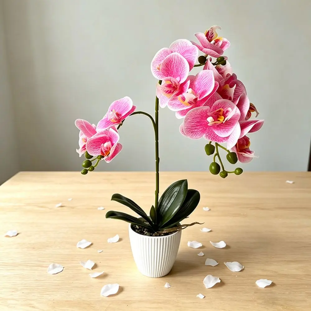 Artificial Phalaenopsis Orchid Potted Plant Silk Flower Decorative Ornament Stone Base For Home Living Room Table Decor