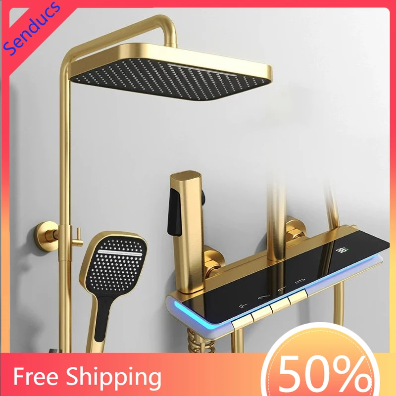 

Brushed Gold Piano Digital Bathroom Shower Set 12 Inch Rain Shower Head Bathroom Faucet Hot Cold Digital Bathroom Shower System