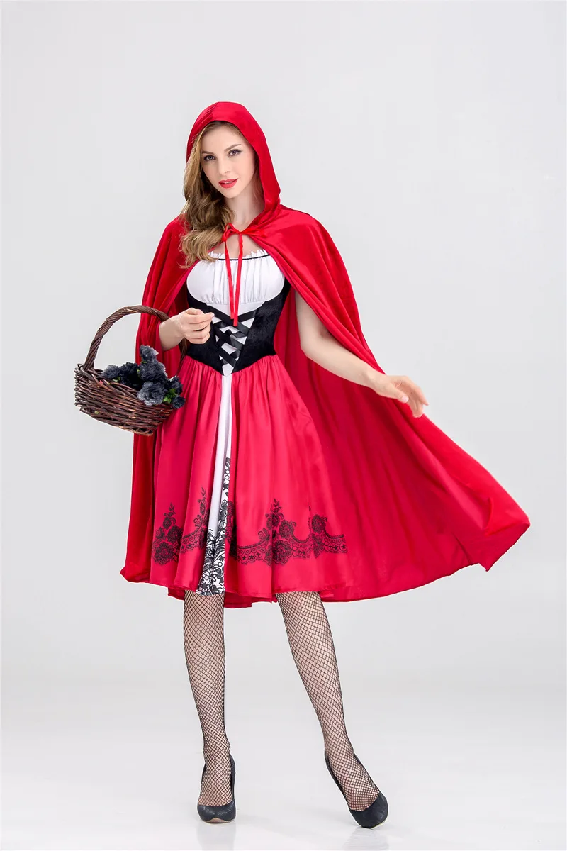 Cosplay Halloween Adult Women Little Red Riding Hood Hooded Costume Stage Show Costumes Dress+Shawl