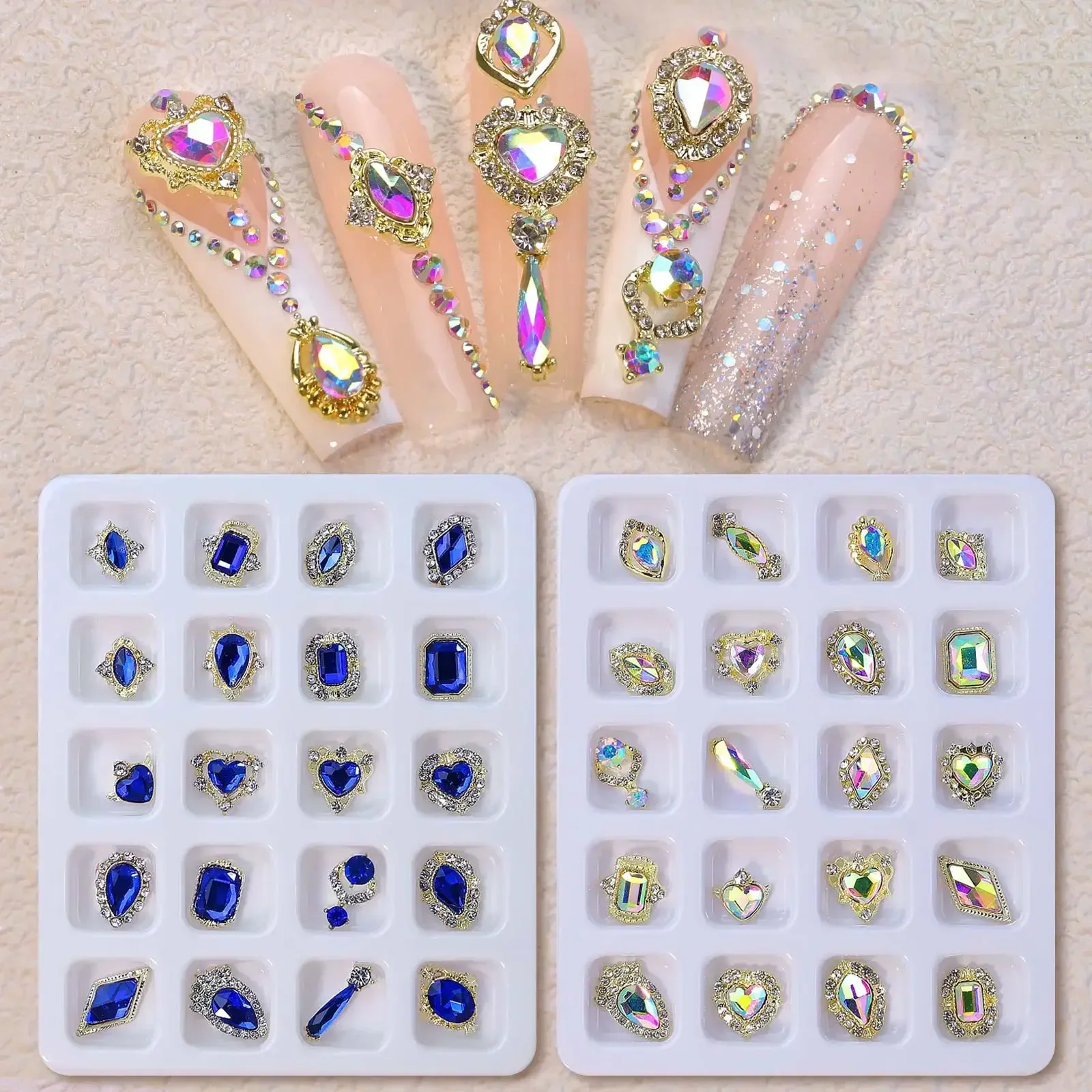 Kit di strass per nail art blu 20 pezzi Gemme Accessori per unghie in pietra Dimensioni multi-stile Glitter 3D Lussuosa decorazione per manicure in