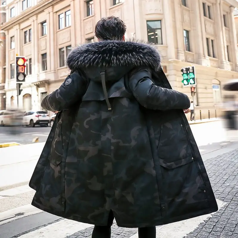 Winter Men's Big Fur Hood Long Puffer Jackets Fashion Camouflage Thick Warm 90% White Duck Down Padded Overcoats Male