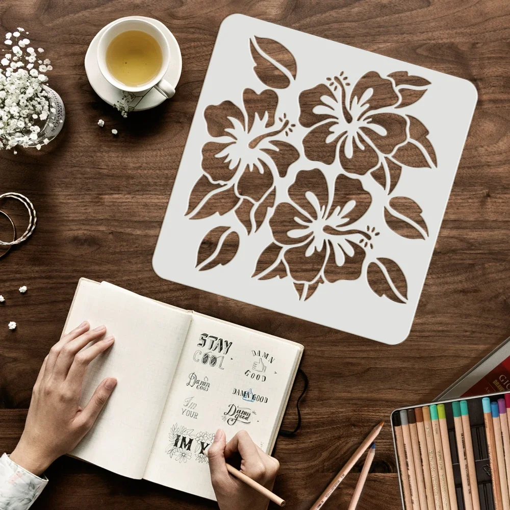 Hibiscu الزهور Stencil هاواي زهرة Stencil قابلة لإعادة الاستخدام مربع ورقة النبات قابل للغسل DIY بها بنفسك قالب Stencil Drawing على أرضية خشبية