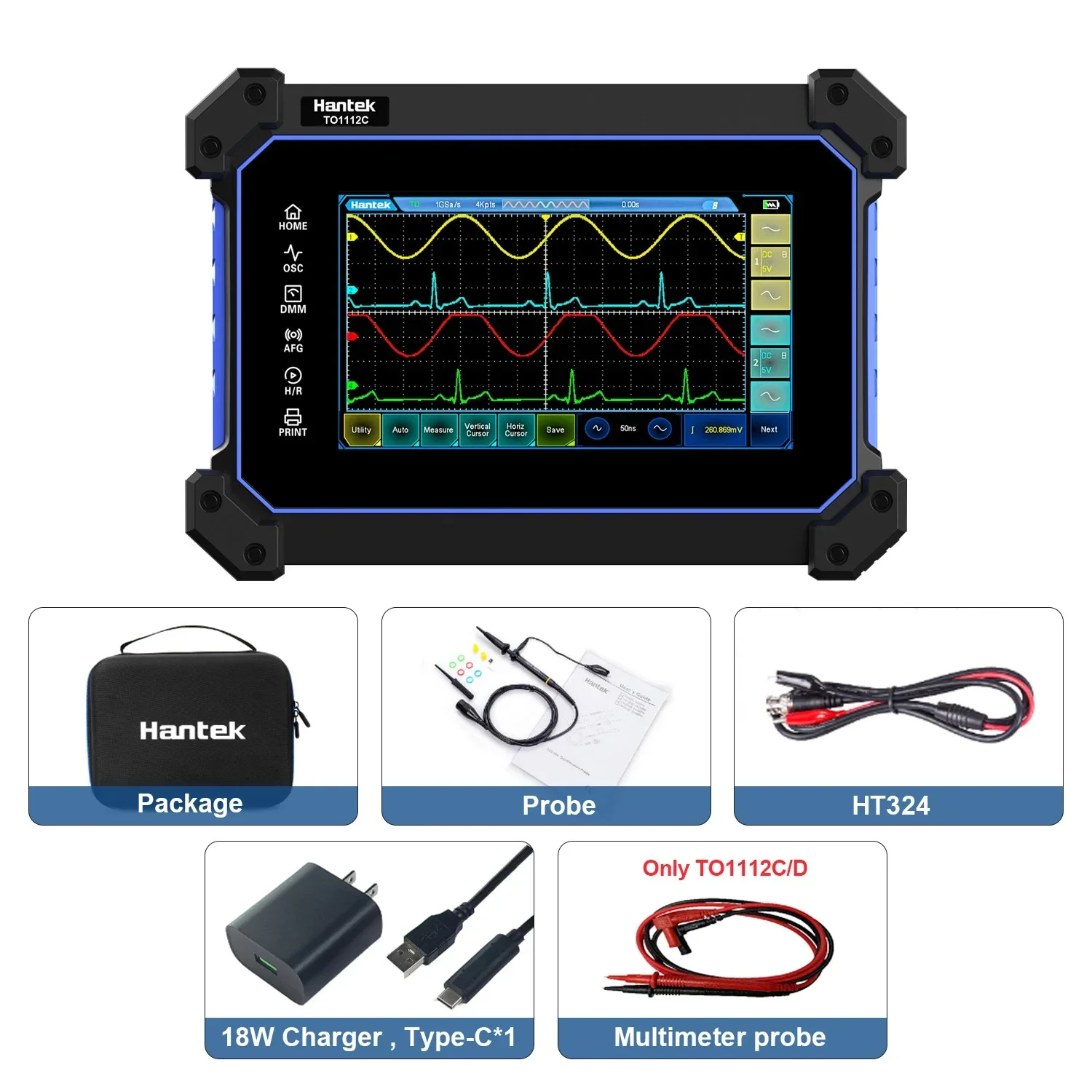 Hantek Portable Handheld Touch Screen digital Oscilloscope 110Mhz 2-Channels + multimeter + Waveform Generator TO1112C TO1112D