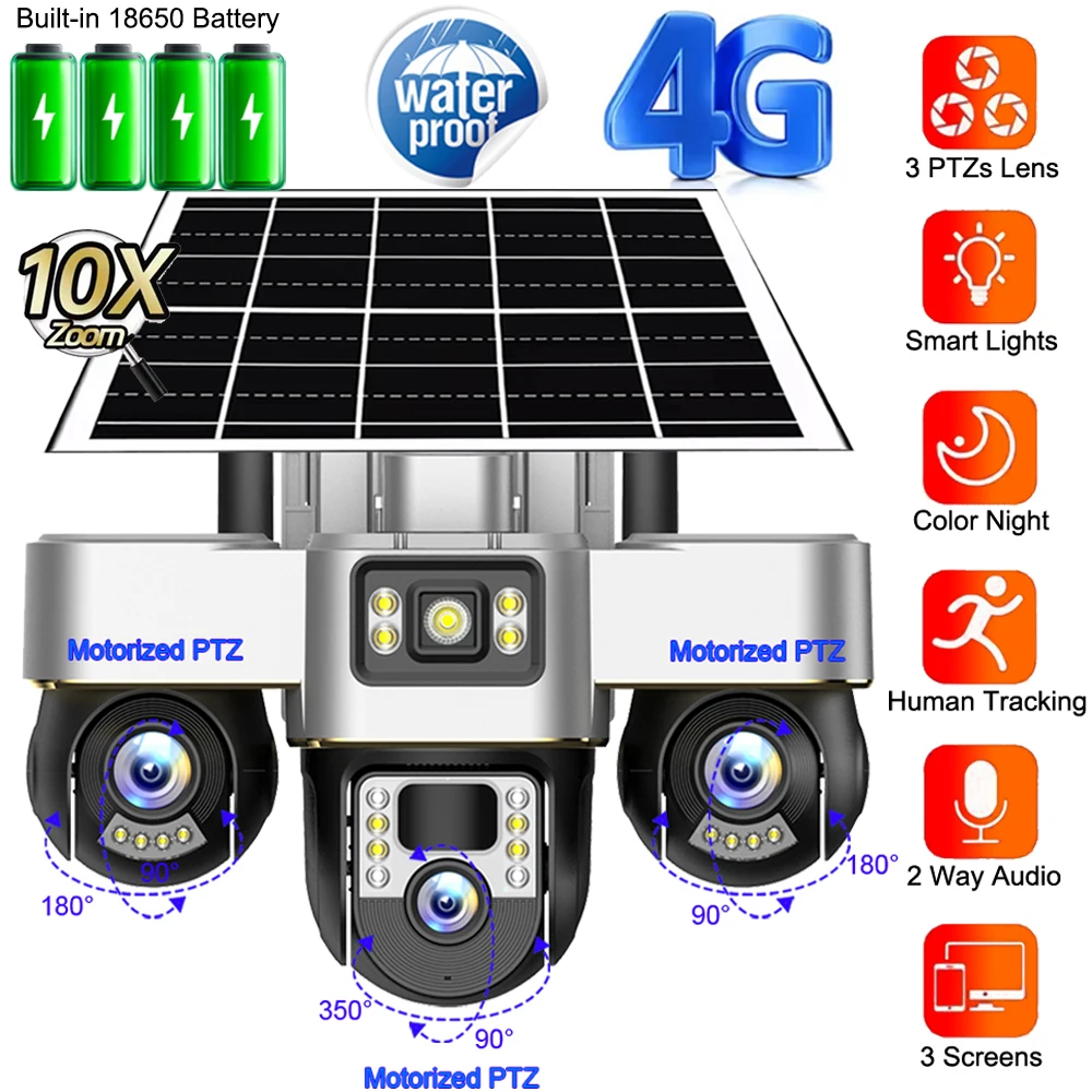 

4G Solar Camera 3 PTZs Automatic Rotation Outdoor Smart Home Security Protection PIR Human Detection Auto Track IP CCTV Cameras