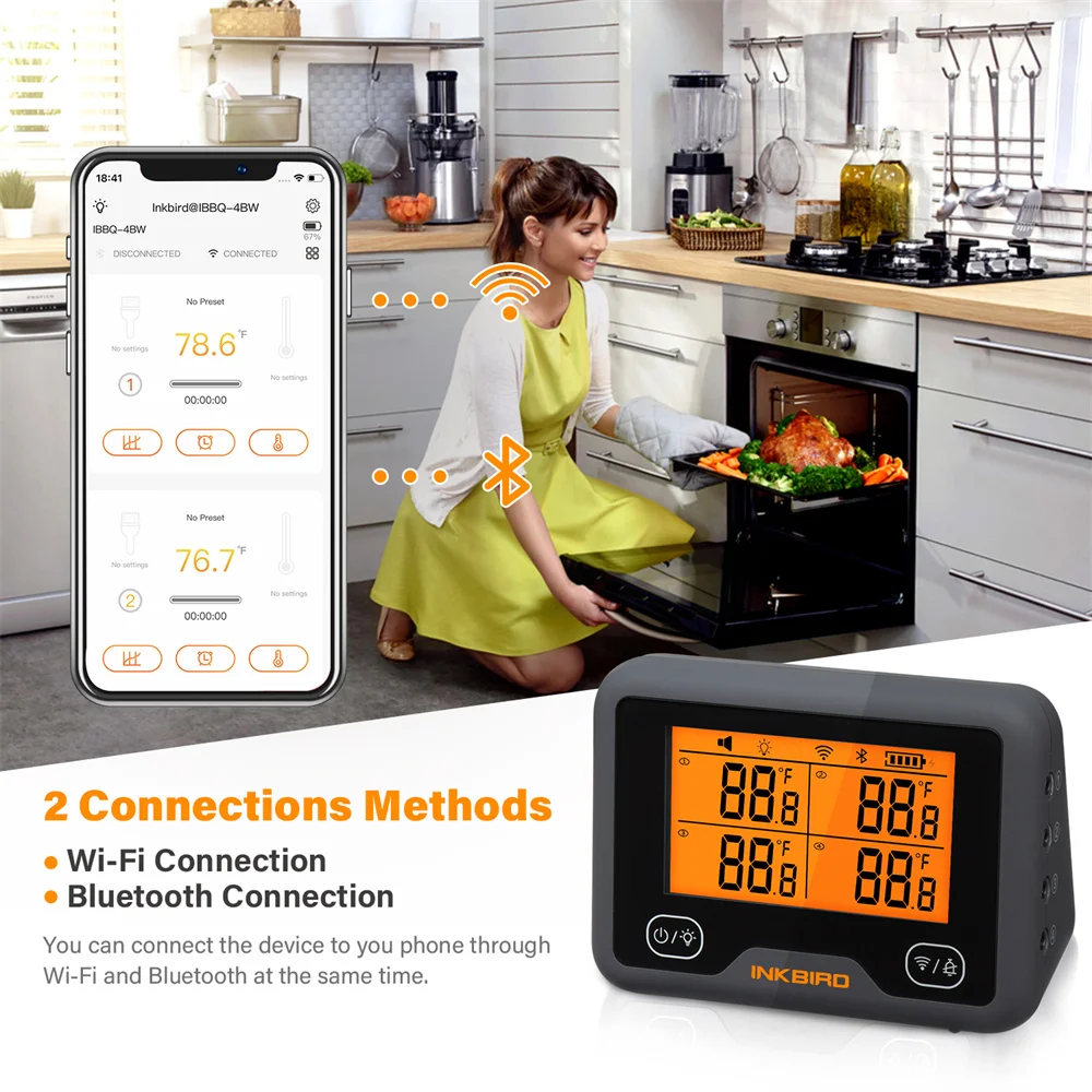 INKBIRD Digital Cooking bbq Grill Thermometer with 4 Probe IBBQ-4BW Wi-Fi&Bluetooth Thermometer for Smoker Oven Kitchen Free App