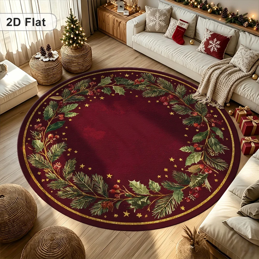 Suitable for Living Room Round Rug - Vintage Holly Berry Branch with Stars Pattern Soft Adhesive Suitable for Christmas Decor, Jumbo Sizes for Bedroom, Kitchen, Balcony Entryway