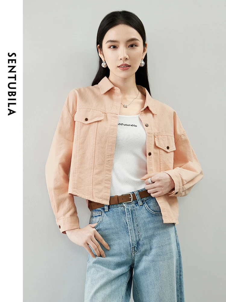 SENTUBILA 100% Cotton Denim Jackets for Women\'s 2024 Autumn Fashion Solid Long Sleeve Turn Down Collar Short Jacket W41W54153