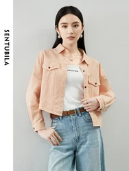 SENTUBILA 100% Cotton Denim Jackets for Women's 2024 Autumn Fashion Solid Long Sleeve Turn Down Collar Short Jacket W41W54153