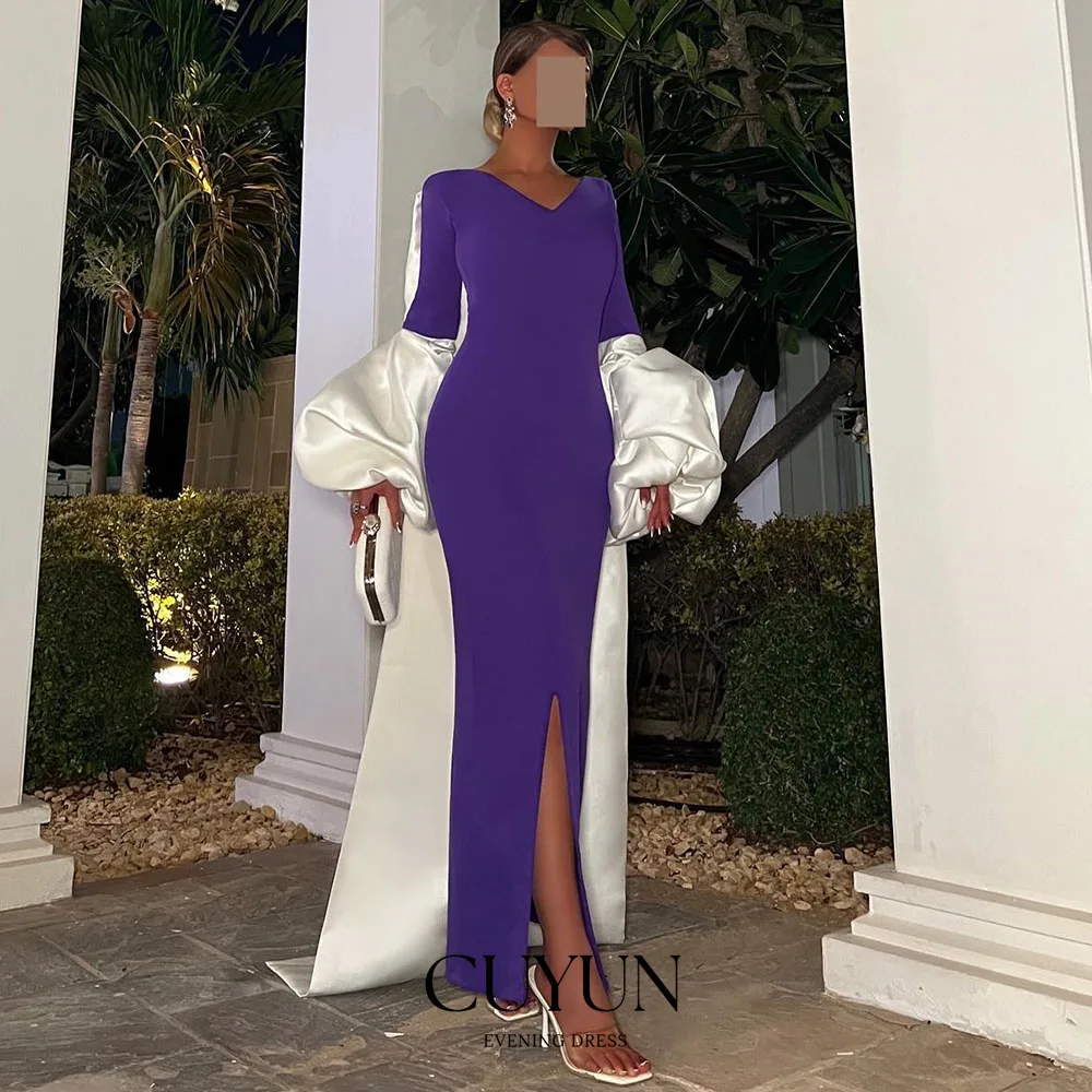 

CUYUN Purple and Ivory Elegant Party Dresses Women V-Neck Sheath Slit Formal Event Dress Customized Evening Dress for Wedding