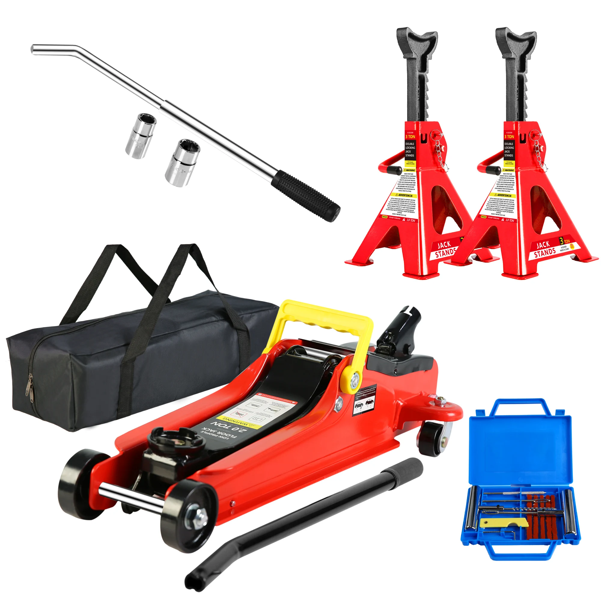 2T Low Profile Floor Jack, 3t Jack Stand Tire Repair Kit L-Wrench Heavy Duty Steel  With Single Piston Quick Lift Pump