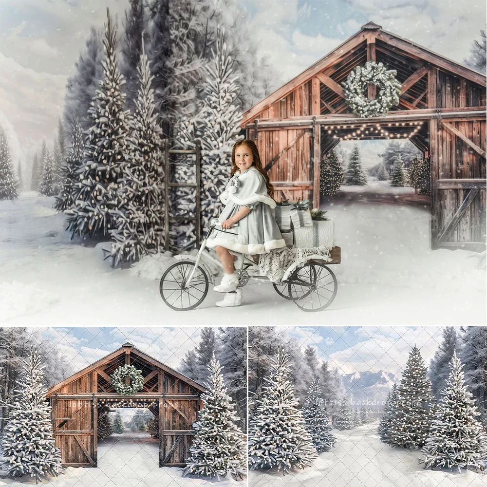 Snowy Mountain Tree Farm Backdrops Kids Family Photography Props Snowy Forest Wooden Farm House Front Backgrounds