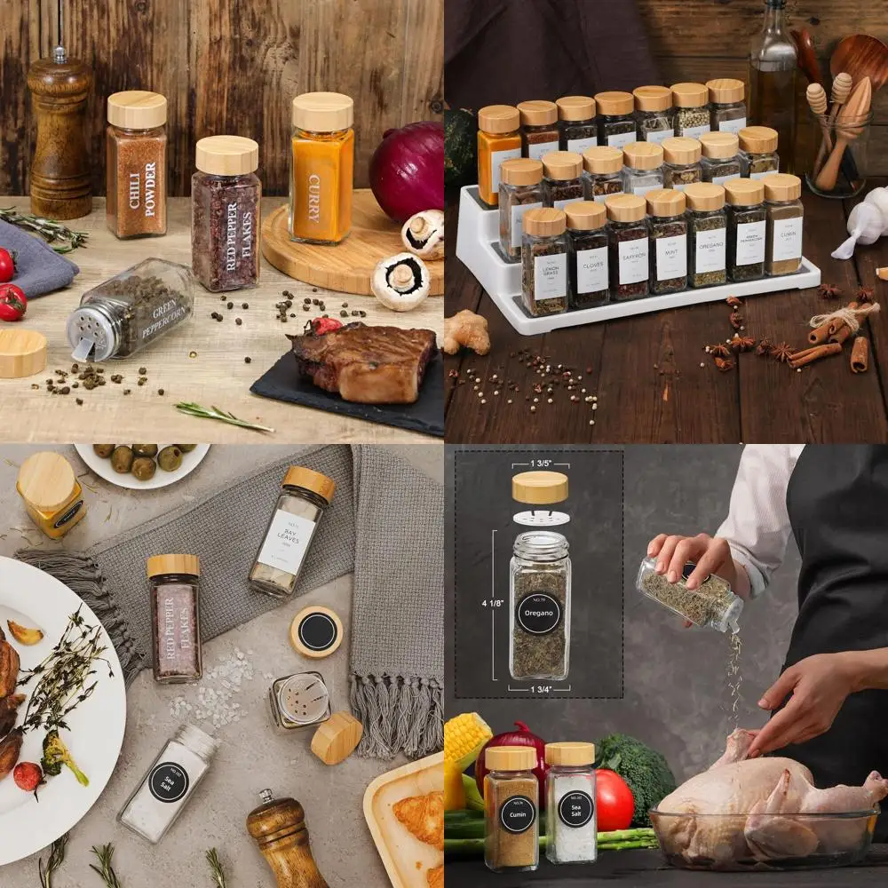 

Set of 24 4oz Glass Spice Jars with Bamboo Lids, Minimalist Labels, and Collapsible Funnel for Kitchen Storage