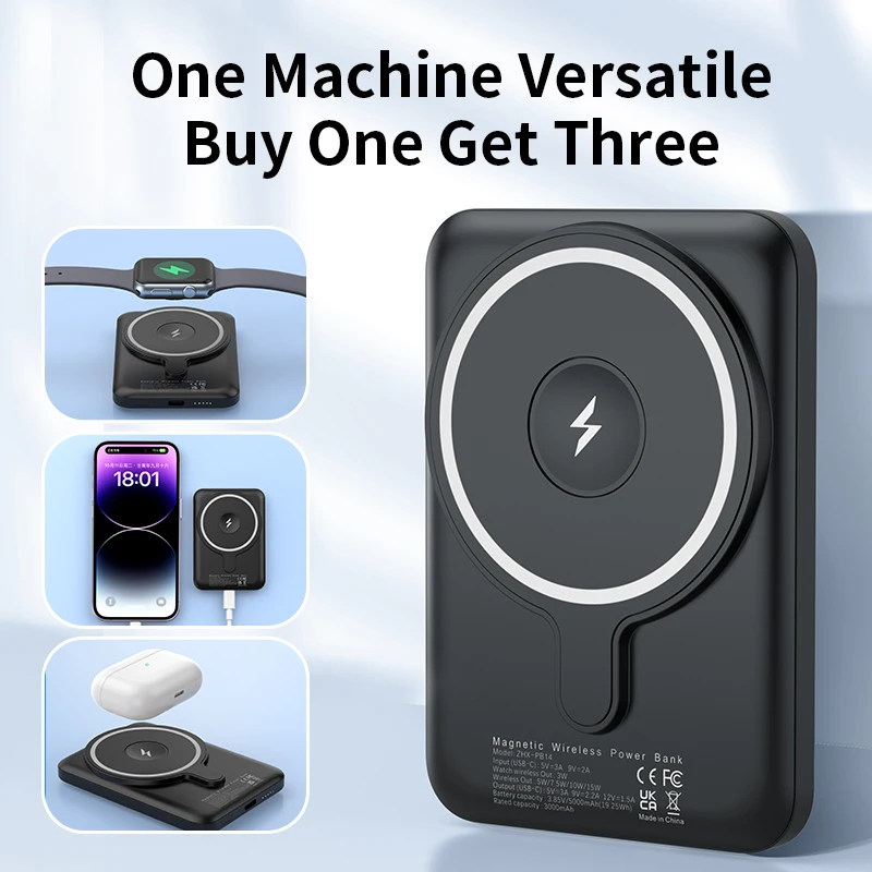 

Портативный магнитный аккумулятор Power Bank 5000 мАч 3-в-1, беспроводной аккумулятор с быстрой зарядкой 15 Вт для iPhone 17, 16, 15, 14, 13, 12 Pro Watch Airpods