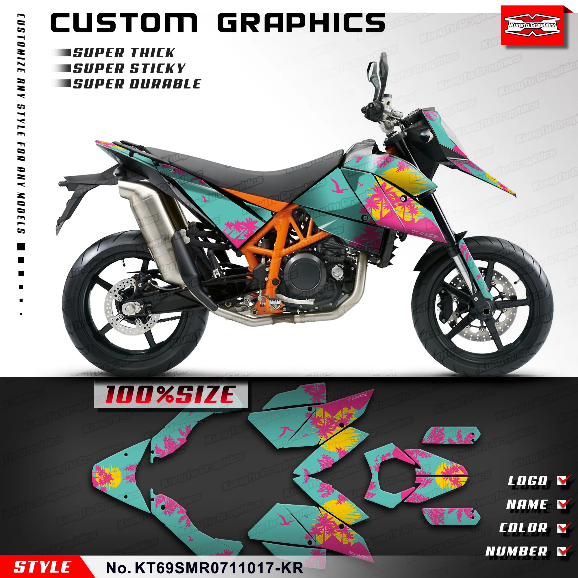 KUNGFU GRAPHICS Motorcycle Graphics Stickers Complete for KTM 690 SM 690 SMR 690 2007 2008 2009 2010 2011,  KT69SMR0711017-KR