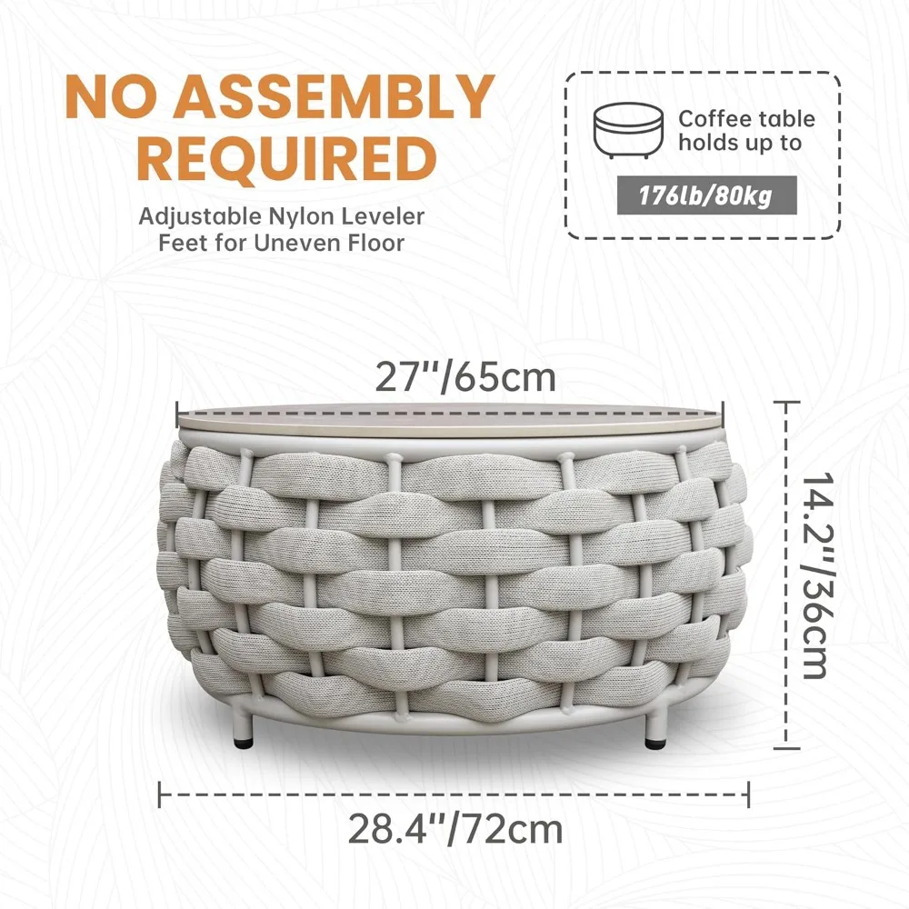 Tavolino da caffè rotondo corto da patio: tavolini in corda intrecciata a mano assemblati - Tavolo da esterno in alluminio moderno - Mobili per portico in metallo