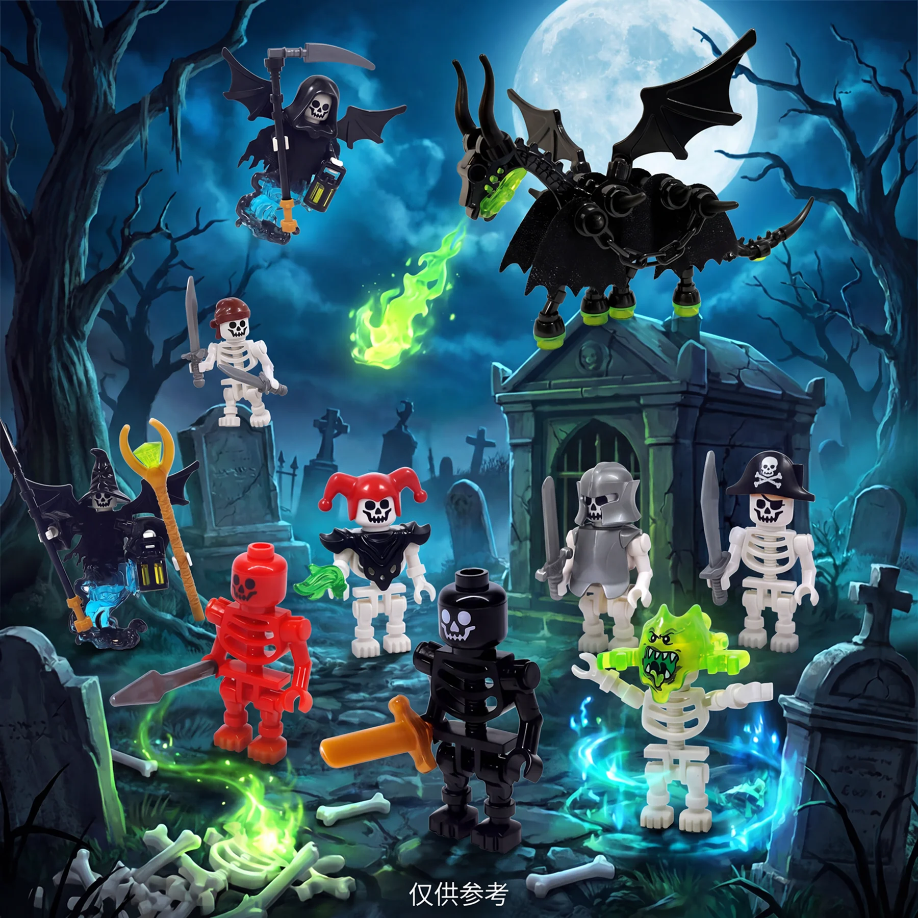 

Halloween Themed MOC Building Block Model Terrifying Skeleton Soldier Legion Death Scythe Flame Skeleton Horse Ghost Horse