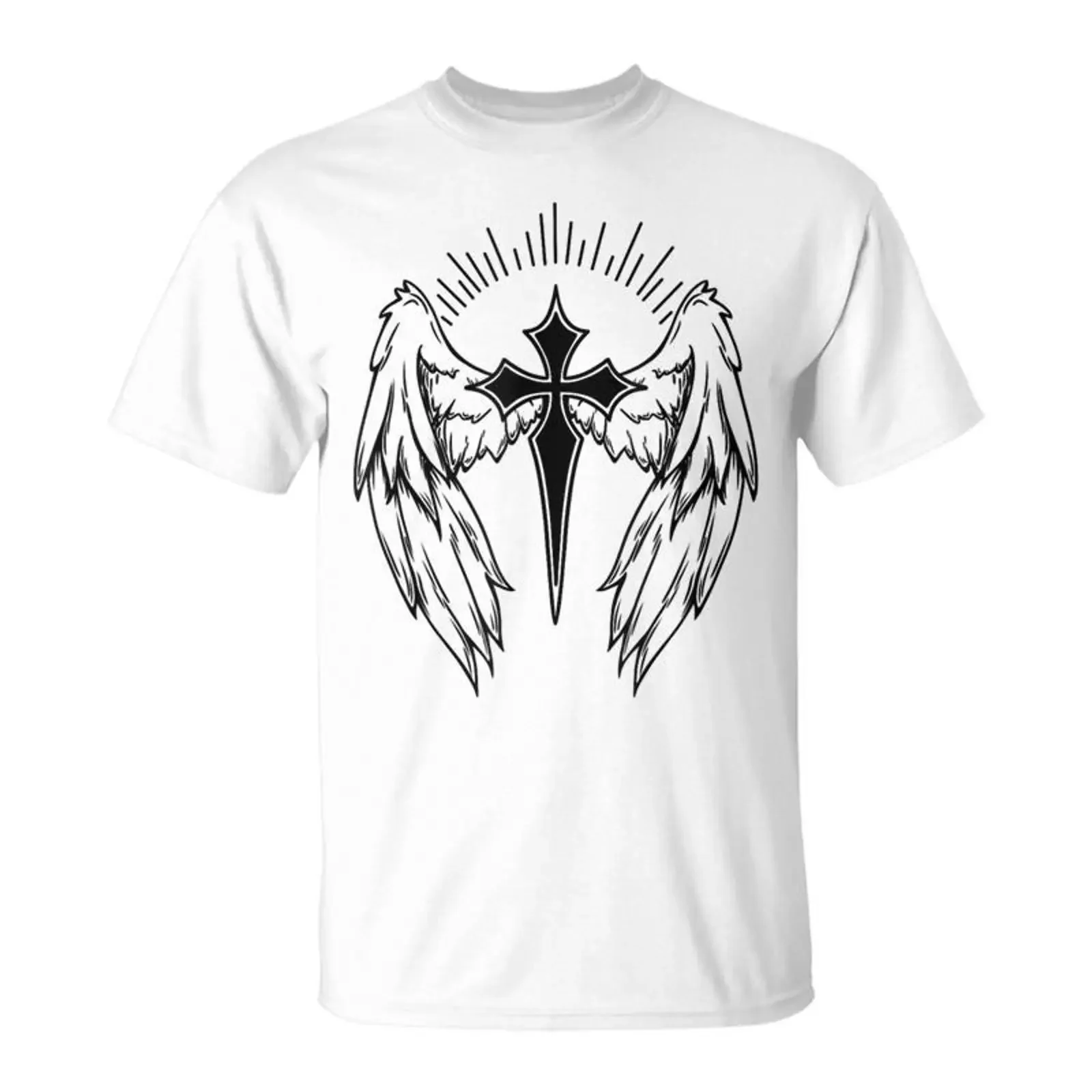 Gothic Cross And Wings Goth Alt Egirl Eboy Y2k Emo T Shirt Seseable vintage Washed Stylish Stretched Top For Everyday Wear