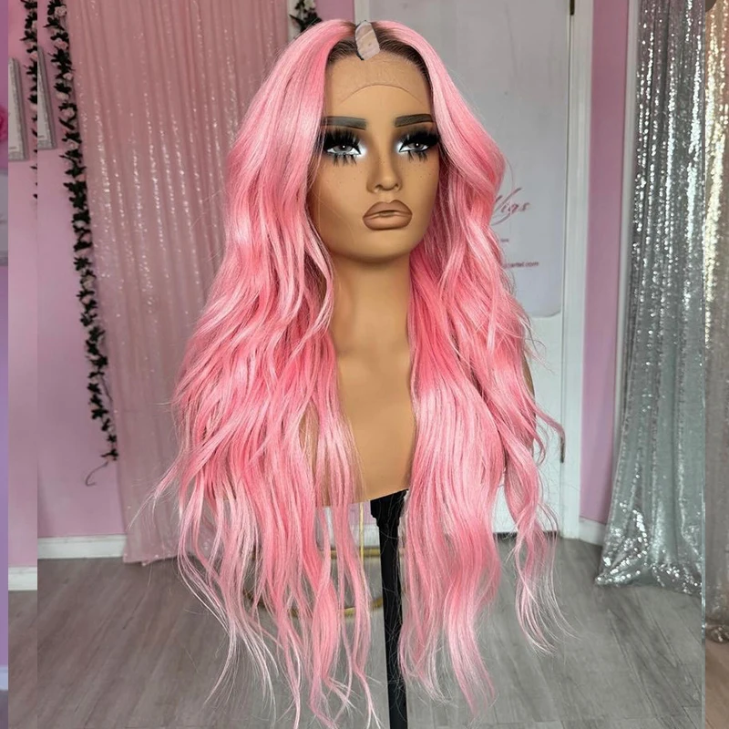 Best Quality Black root ombre Light Pink u part 100% human hair remy Wigs long natural wavy 1x4 v open lace v part for all women