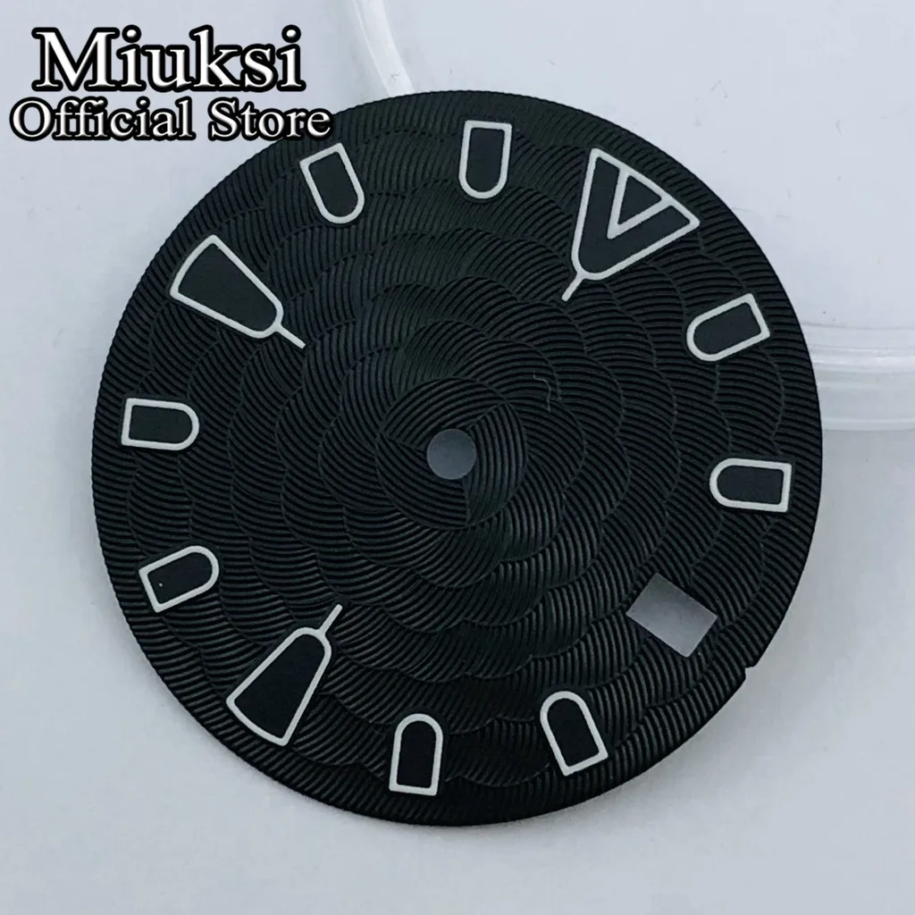 Miuksi 28.5mm black sterile watch dial green luminous fit NH34 NH35 movement fit 3/3.8/4.2 o'clock crown