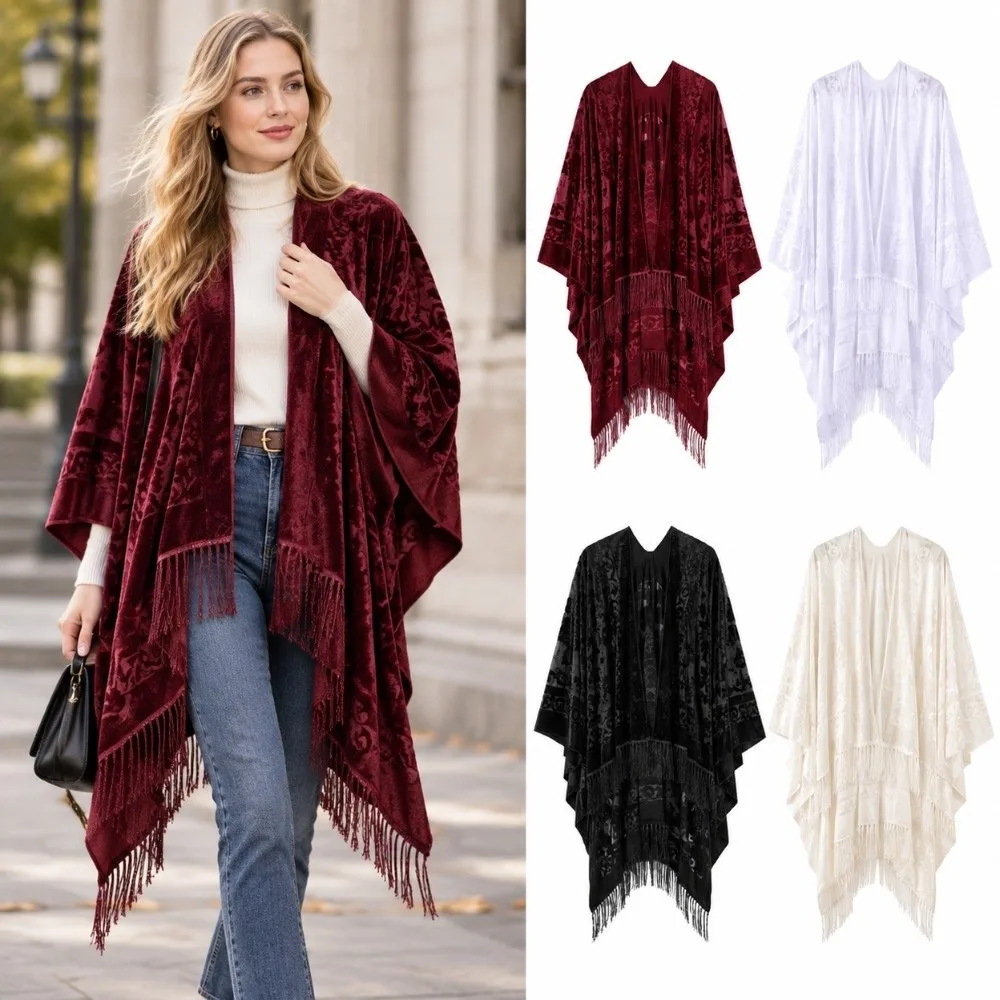 Bohemian Open Front Burnout Velvet Shawl Loose Oversized Fit Lightweight Tassel Cape Poncho Soft Open Front Wrap Wedding Party