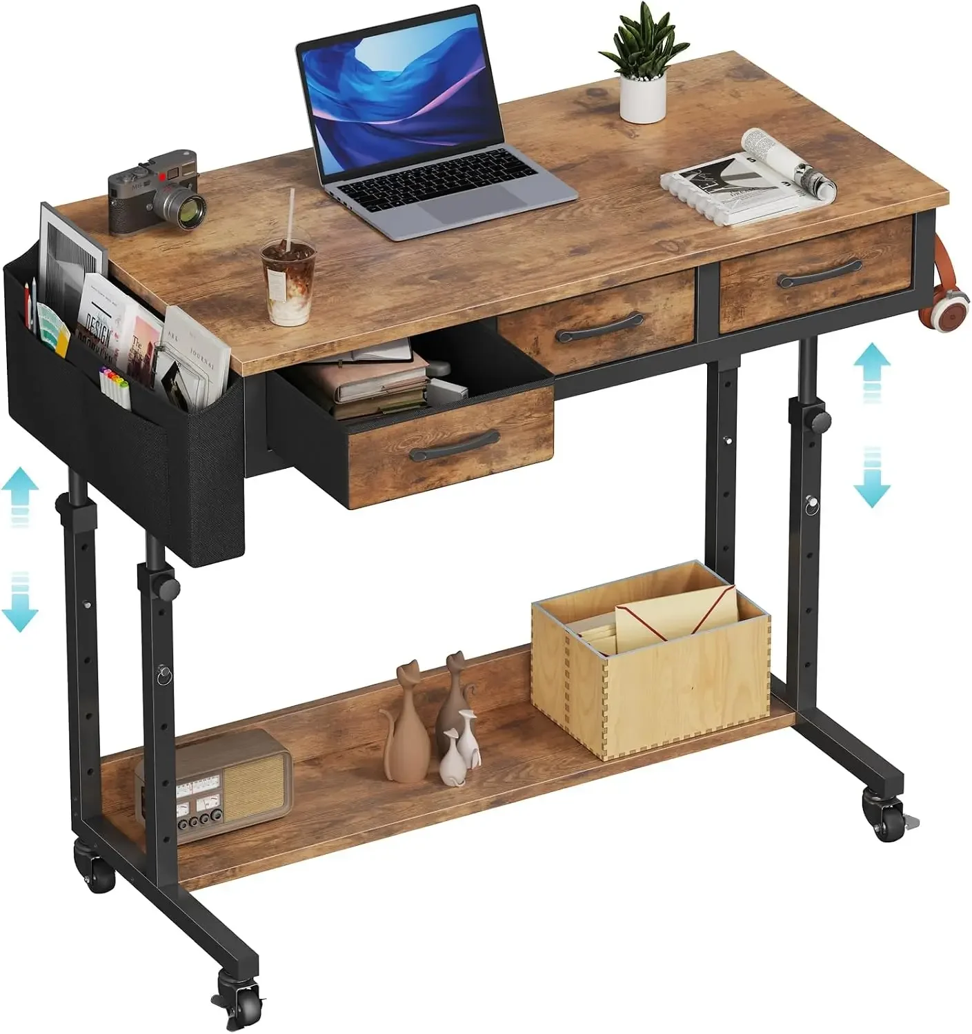 Rolling Standing Desk Adjustable Height with Drawers on Wheels, 40 Inch Portable Mobile Stand Up Computer Desks for Bedroom
