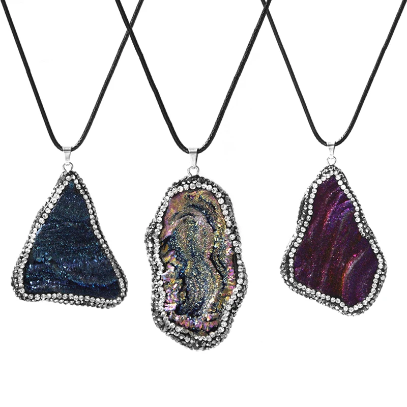 Micro Inlay Rainbow Sun Agate Galaxy Necklace for Women Ladies Irregular Rough Stone Pendant Reiki Healing Crystal Jewelry