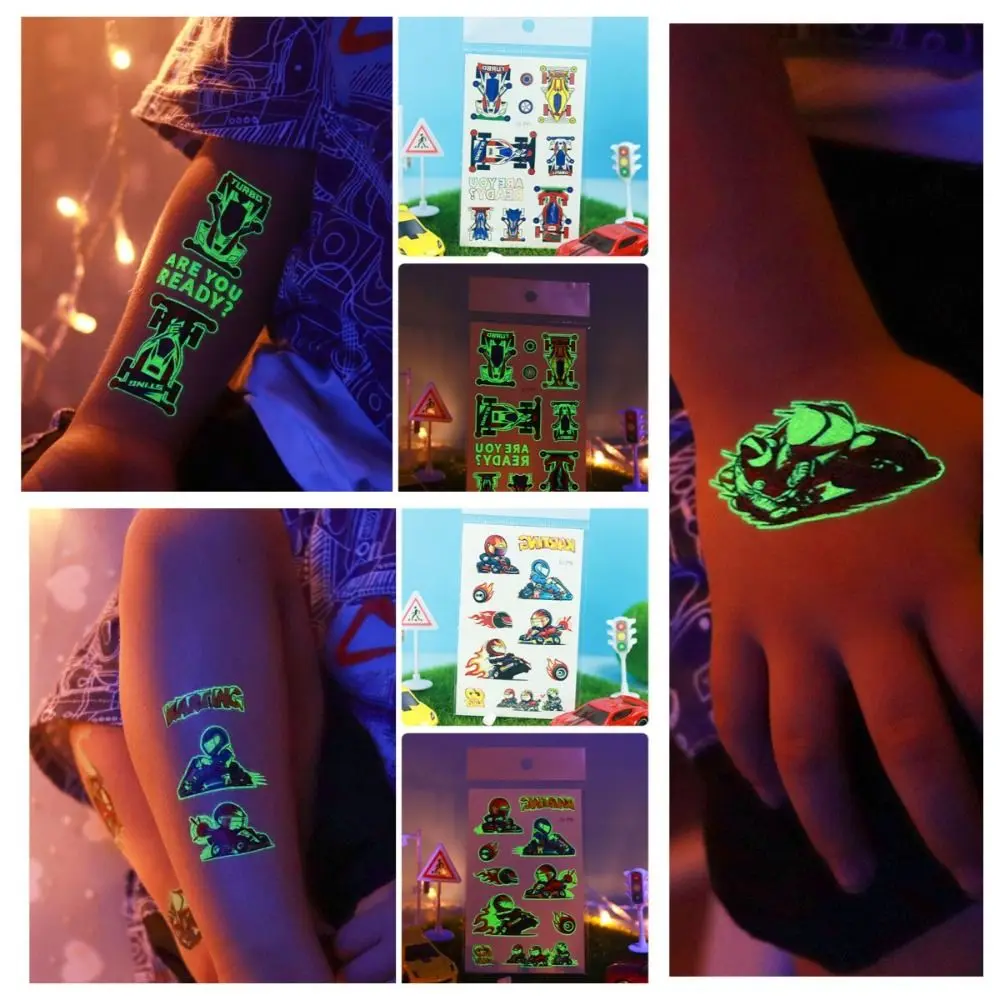 Autocollants de tatouage Shoous phosphorescents, imperméables, cool, moto de course, paillettes, 4 feuilles