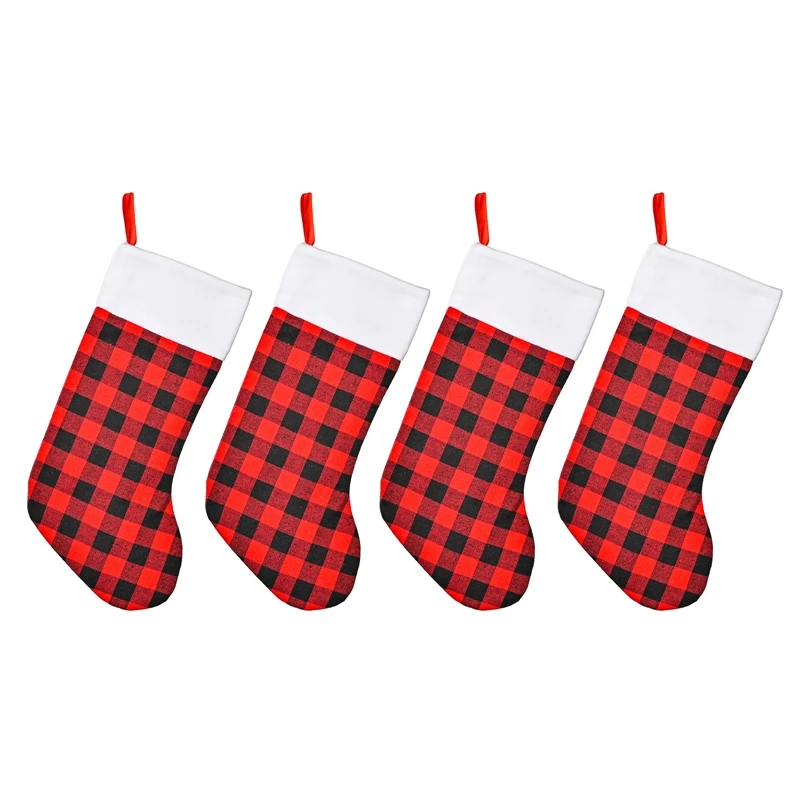 Christmas Stockings-4 Pack Buffalo Plaid Christmas Stocking For Family Xmas Holiday Party Decoration