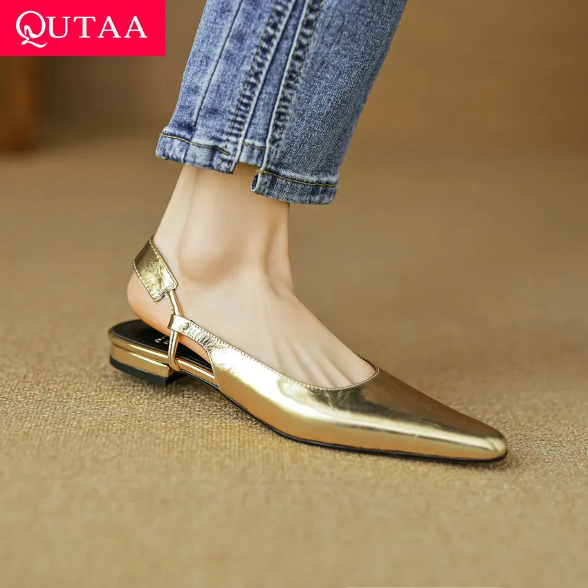 

QUTAA 2024 Flat Heels Women Sandals Summer Genuine Leather Fashion Pointed To Pumps Casual Office Working Shoes Woman Size 34-40