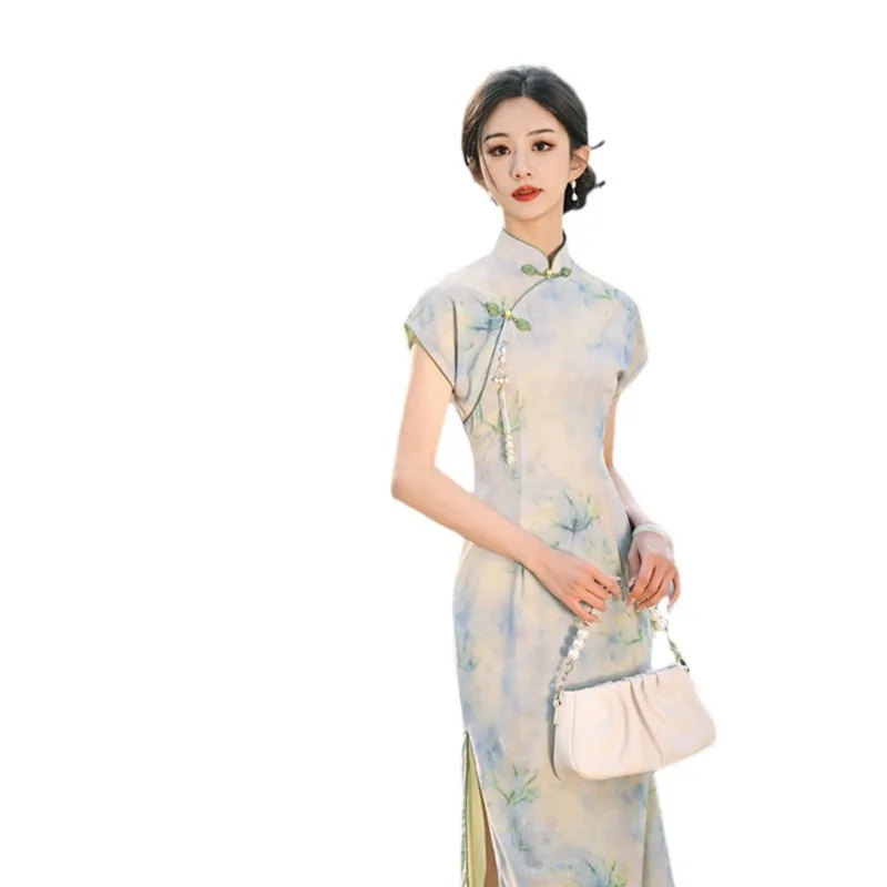 

Fashion young girls new Chinese long sleeve cheongsam mesh gauze cheongsam