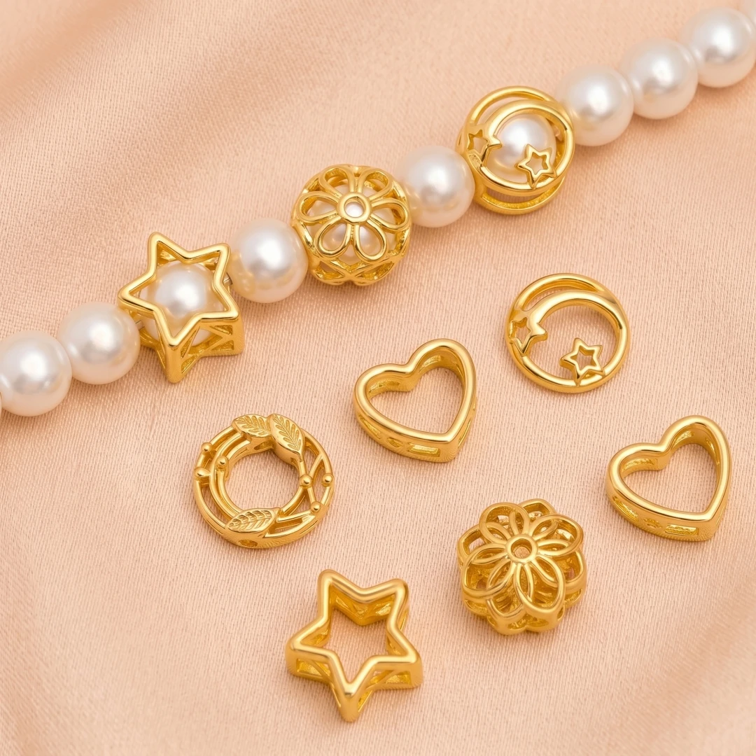 10pcs 18K Gold Plated Heart Star Frame Beads Spacer Petal Blossom Connector Link DIY Bracelet Earrings Beading Jewelry Making