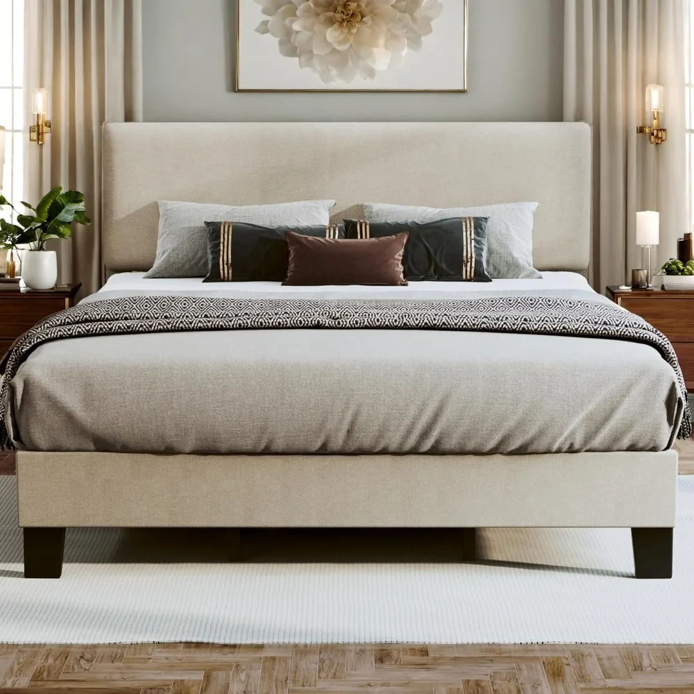 

King Bed Frame Upholstered Bed Frame Platform with Adjustable Headboard Linen Fabric Headboard Wood Slats Support Easy Assembly
