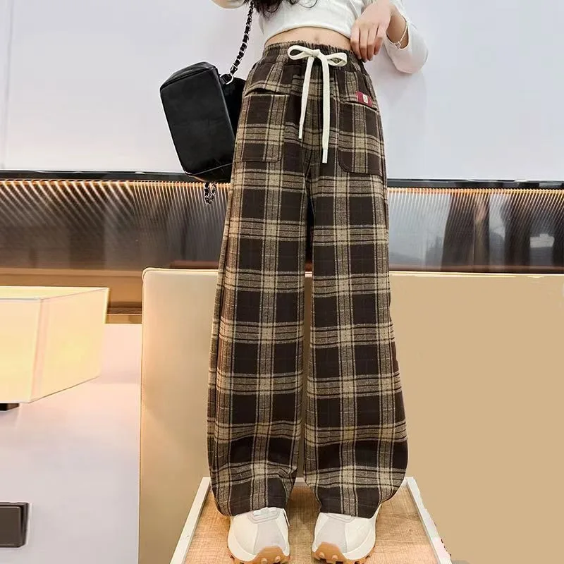 

2025 New Girls' Plaid Casual Pants Spring Autumn Kids 8-14 Stylish Trousers