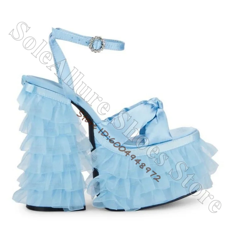 Light Blue Tulle Ruffle Platform Sandals Satin Big Bow Rhinestone Buckle Ankle Strap Chunky Super High Block Heel Lolita Shoes 2