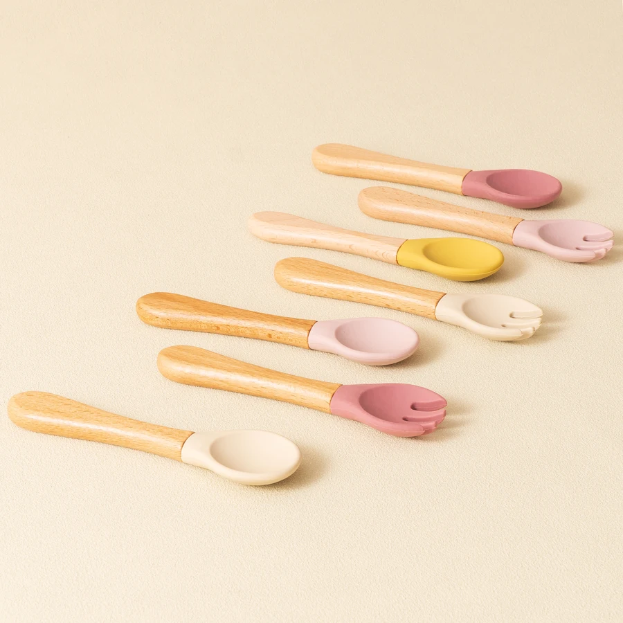 Mamaplan Silicone Baby Spoon Fork Wooden Handle Spoon Fork Baby Utensils Feeding Training Cutlery Baby Tableware Baby Stuff