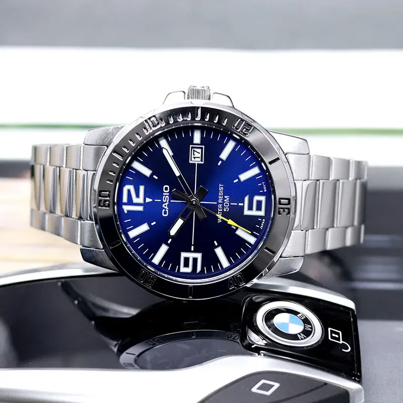 ساعة كاسيو مان ساعة جلدية عصرية فاخرة للرجال مقاومة للماء وبسيطة من الفولاذ المقاوم للصدأ مع عرض التاريخ وساعات كوارتز