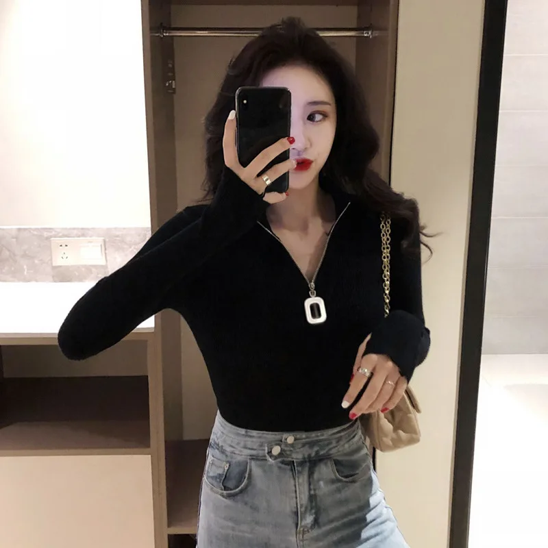 Simplicity Commute Zipper Half High Collar Knitted Tops Autumn Winter Trend Women Long Sleeve All-match Solid Color Slim Sweater