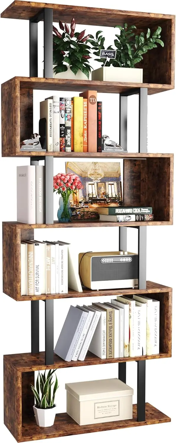 

Geometric Bookcase S Shaped Bookshelf 6-Tier Book Shelves for Bedroom Modern Wood Decorative Display Shelf Tall Book Case