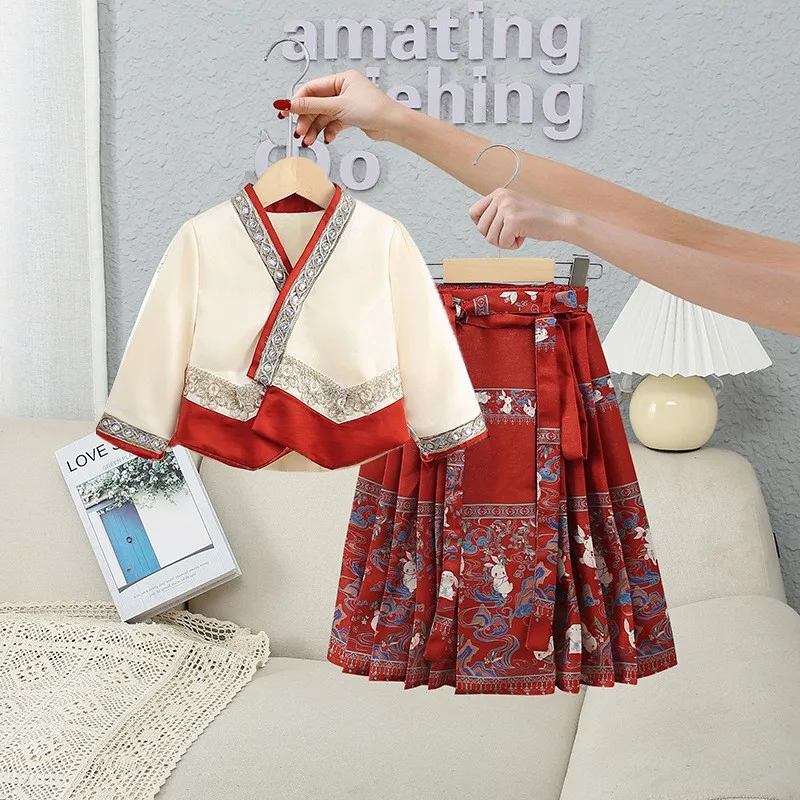 Conjunto de falda de cara de caballo Hanfu chino para niña, traje Tang de luna llena, regalo de cumpleaños, felpa cálida de invierno, ropa de Año Nuevo, 2024