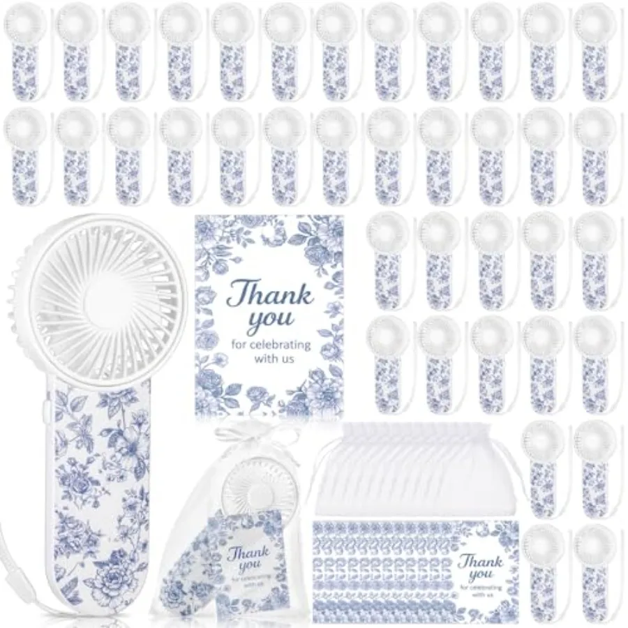 

Wedding guest fans: portable chinoiserie floral handheld fans in ivory, lightweight bamboo with silk print, includes lanyard an
