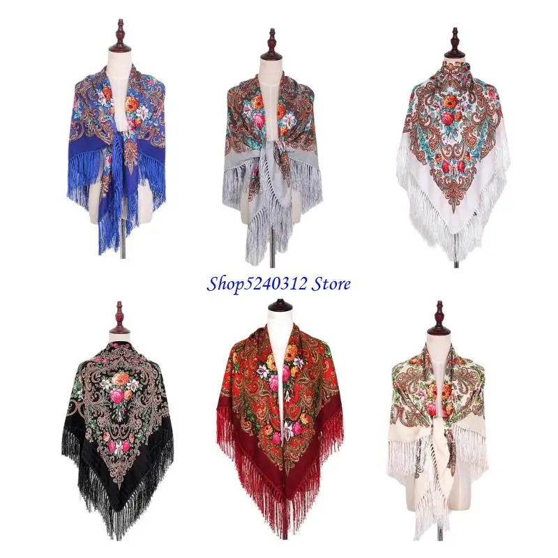 

634C Cotton Shawl Floral Pattern Fringe Edging Prayer Square Neck Scarf Large Kerchief For Casual And Formal Outfits