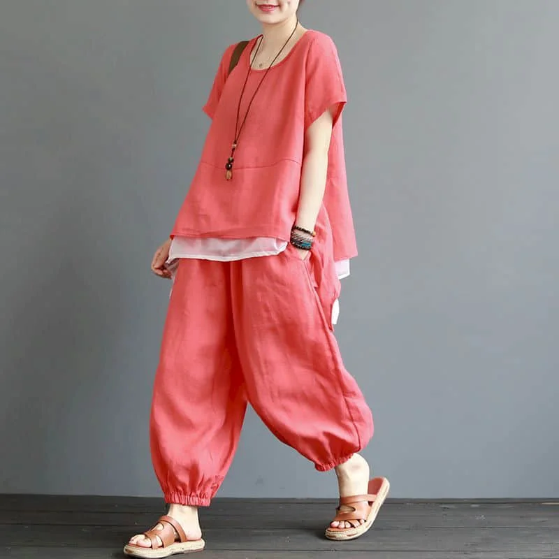 Cotton Linen Pants Sets Oversized O-neck Short Sleeve T-shirt and Harem Pants Women Summer Vintage Casual Loose Two Piece Set