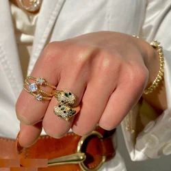 Cool Animal Design Women Finger Jewelry Open Adjusted Size Paved White Black Green CZ Double Jaguar Head Ring 2022 New